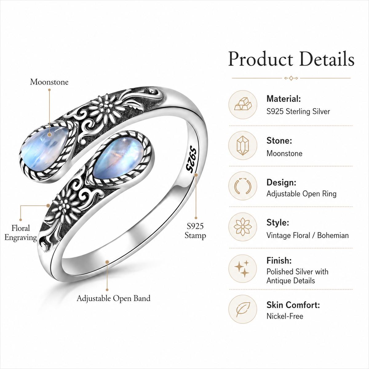 Vintage Floral Moonstone Adjustable Ring