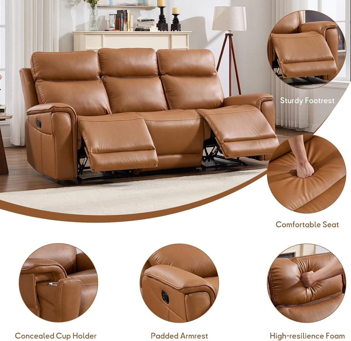 3-Seater Manual Reclining Sofa with Cup Holders