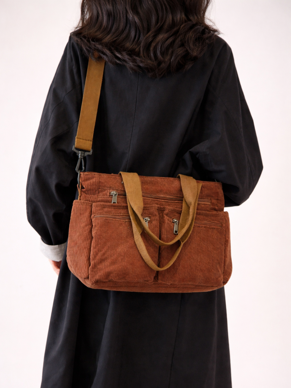 Brown Corduroy Multi-Pocket University Tote Bag – 36×28×14 cm