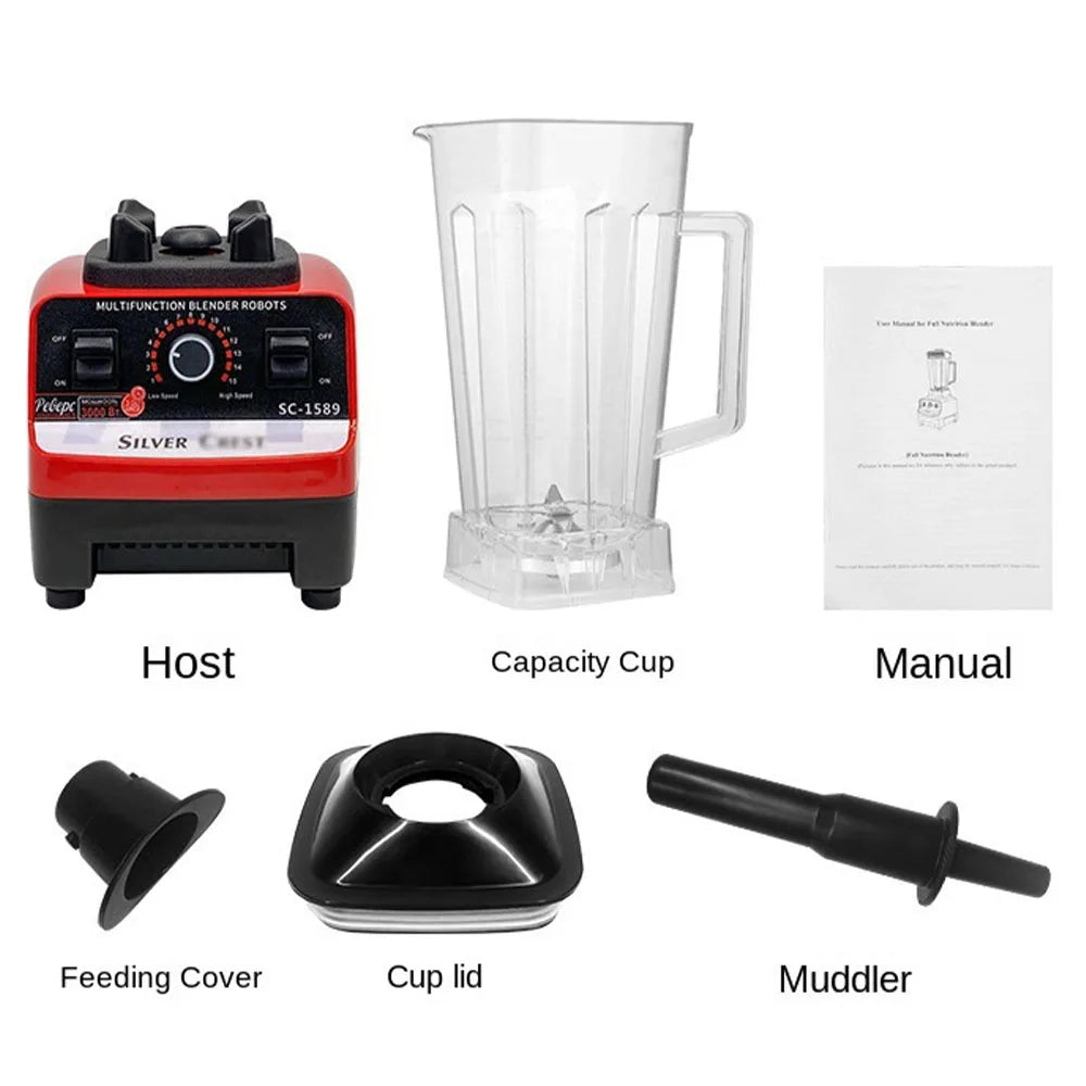 Heavy Duty High Power Electric Blender and Juicer - 4500W Professional Food Mixer with 2L Plastic Container - 15 Speed Settings for Home and