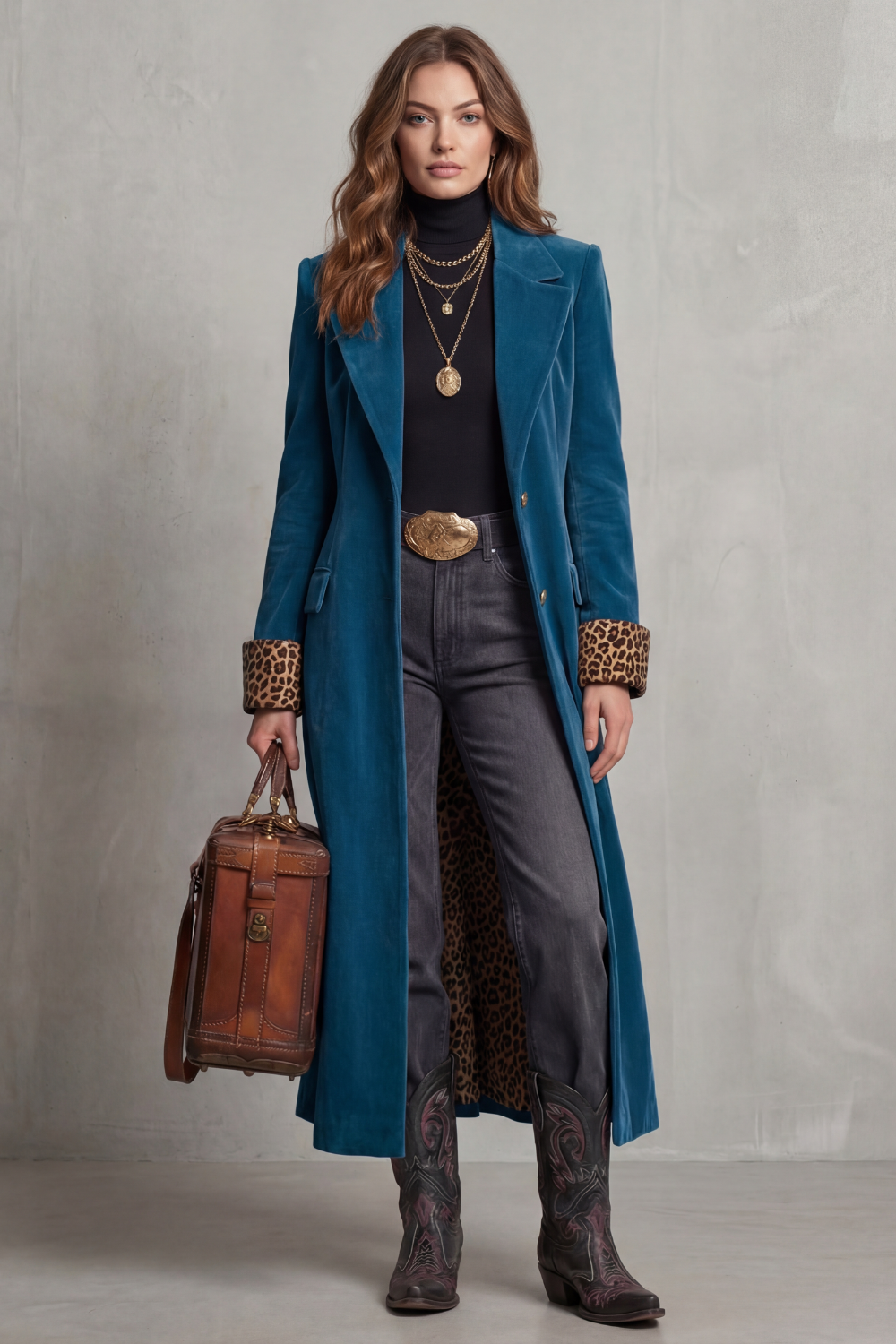 Women's Long Velvet Overcoat with Leopard Lining