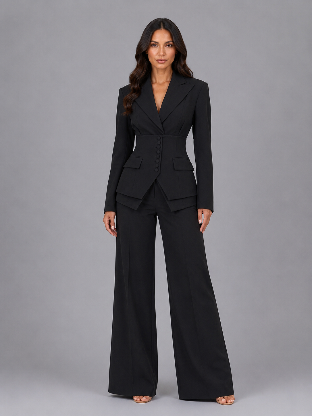 Women's Cinched Waist Wide-Leg Tailored Two-Piece Set