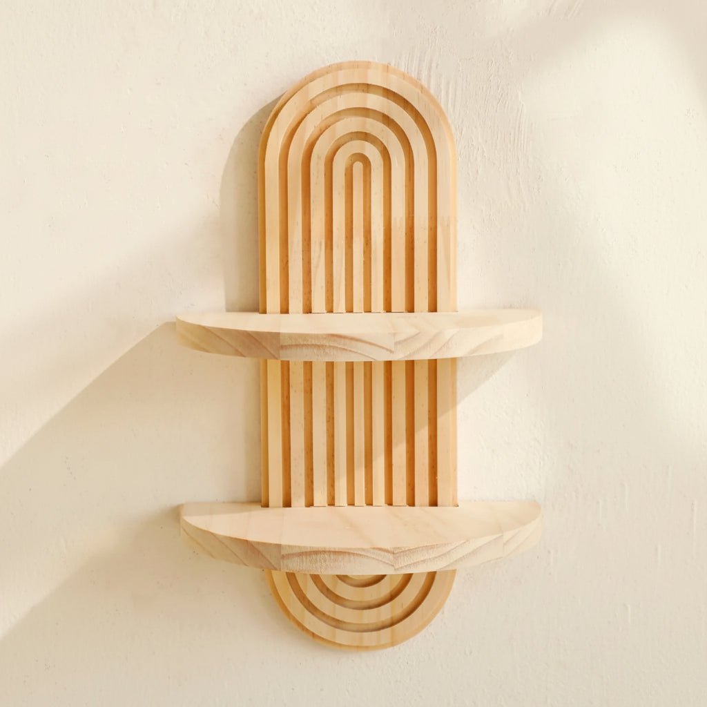 Boho Geometric Wooden Floating Shelves for Stylish Wall Storage