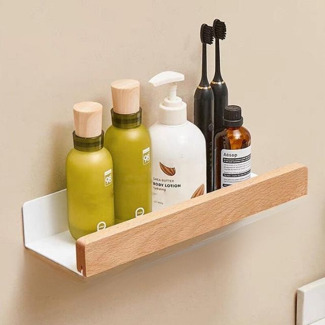 Rustic Solid Wood Corner Bathroom Shelf with Strong Adhesive Backing
