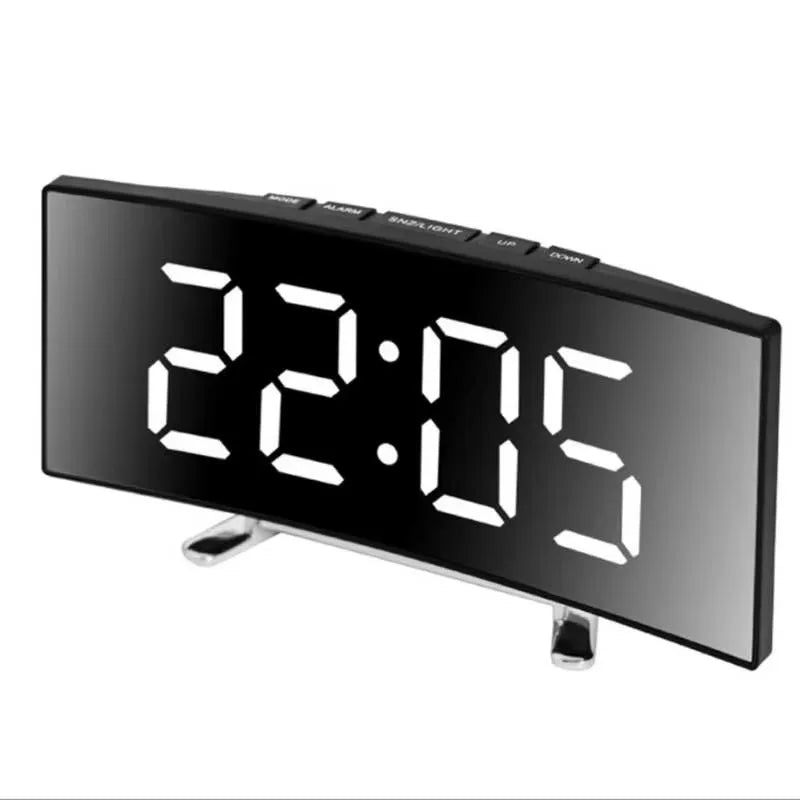 Curved LED Mirror Alarm Clock for Modern Spaces