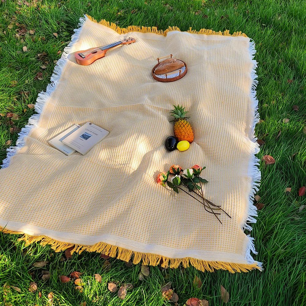 Cotton Blend Picnic Mat with Decorative Tassels for Picnics & Parks
