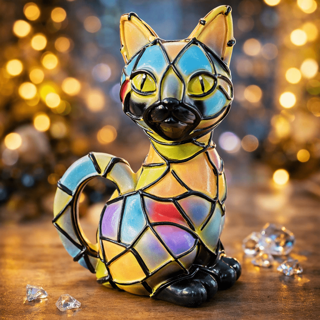 Artistic Tiffany-Style Cat Table Lamp with Warm Amber Glow