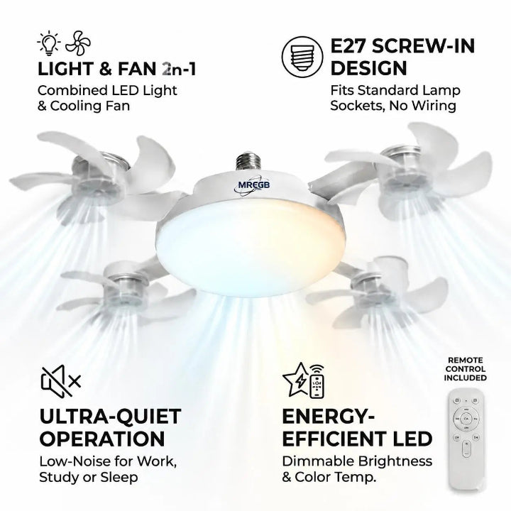 Screw-In Ceiling Fan with LED Light, No Wiring