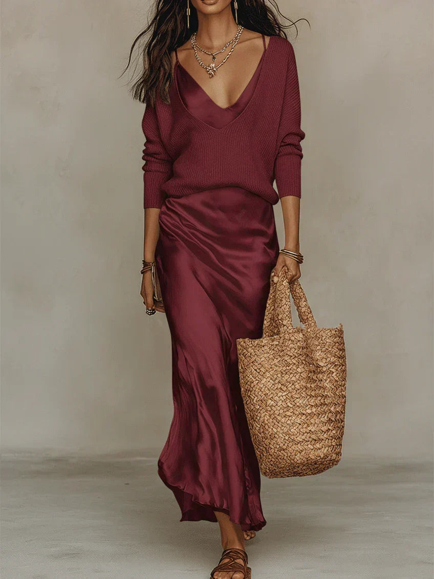 Women's Satin Slip Dress and Knit Cardigan Set