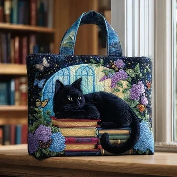 Quilted Tote Bag with Black Cat and Books Print