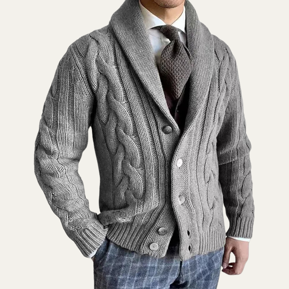 Men's Chunky Cable Knit Shawl Collar Cardigan