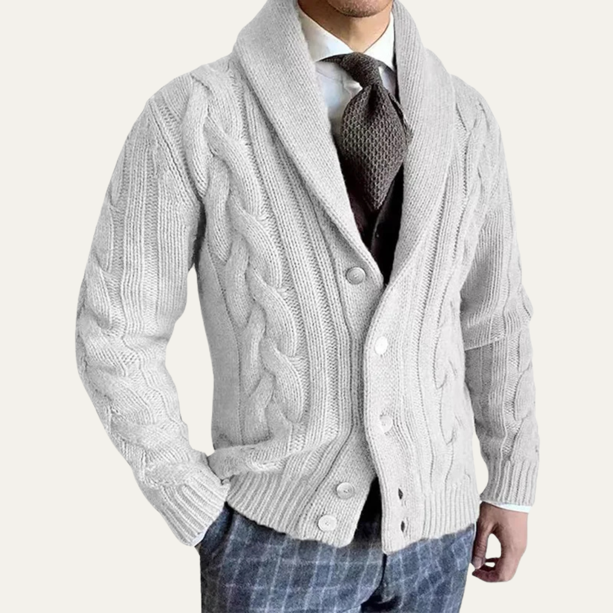 Men's Chunky Cable Knit Shawl Collar Cardigan