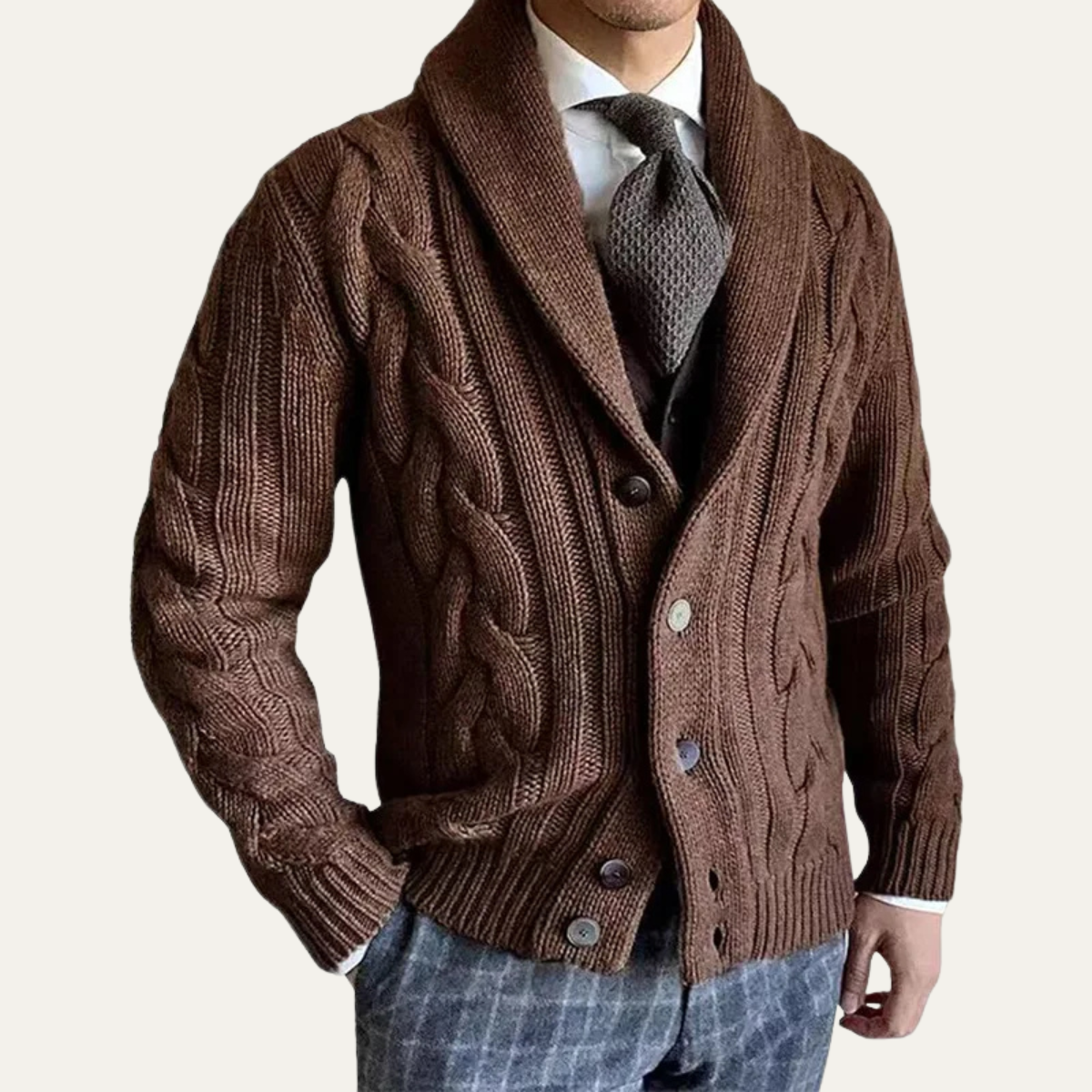 Men's Chunky Cable Knit Shawl Collar Cardigan