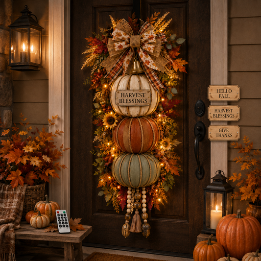 Lighted Stacked Pumpkin Door Decor with 3 Seasonal Plaques