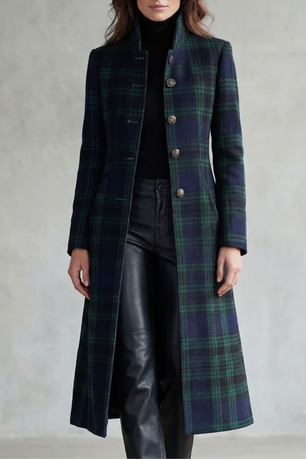 Women's Tartan Stand Collar Overcoat