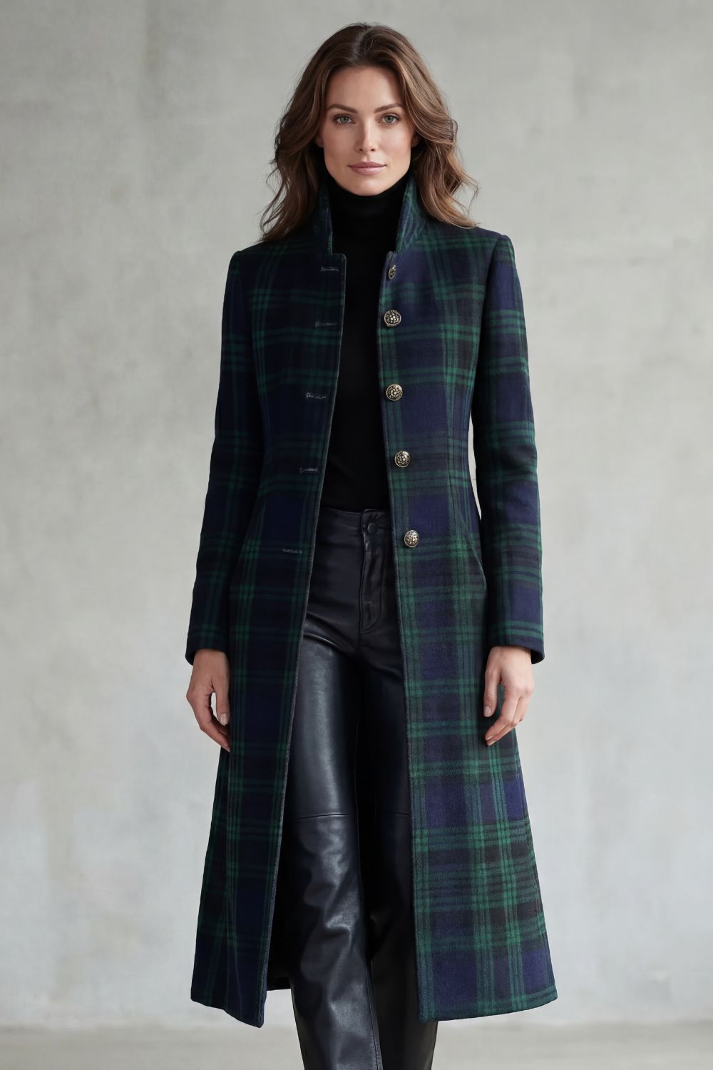 Women's Tartan Stand Collar Overcoat