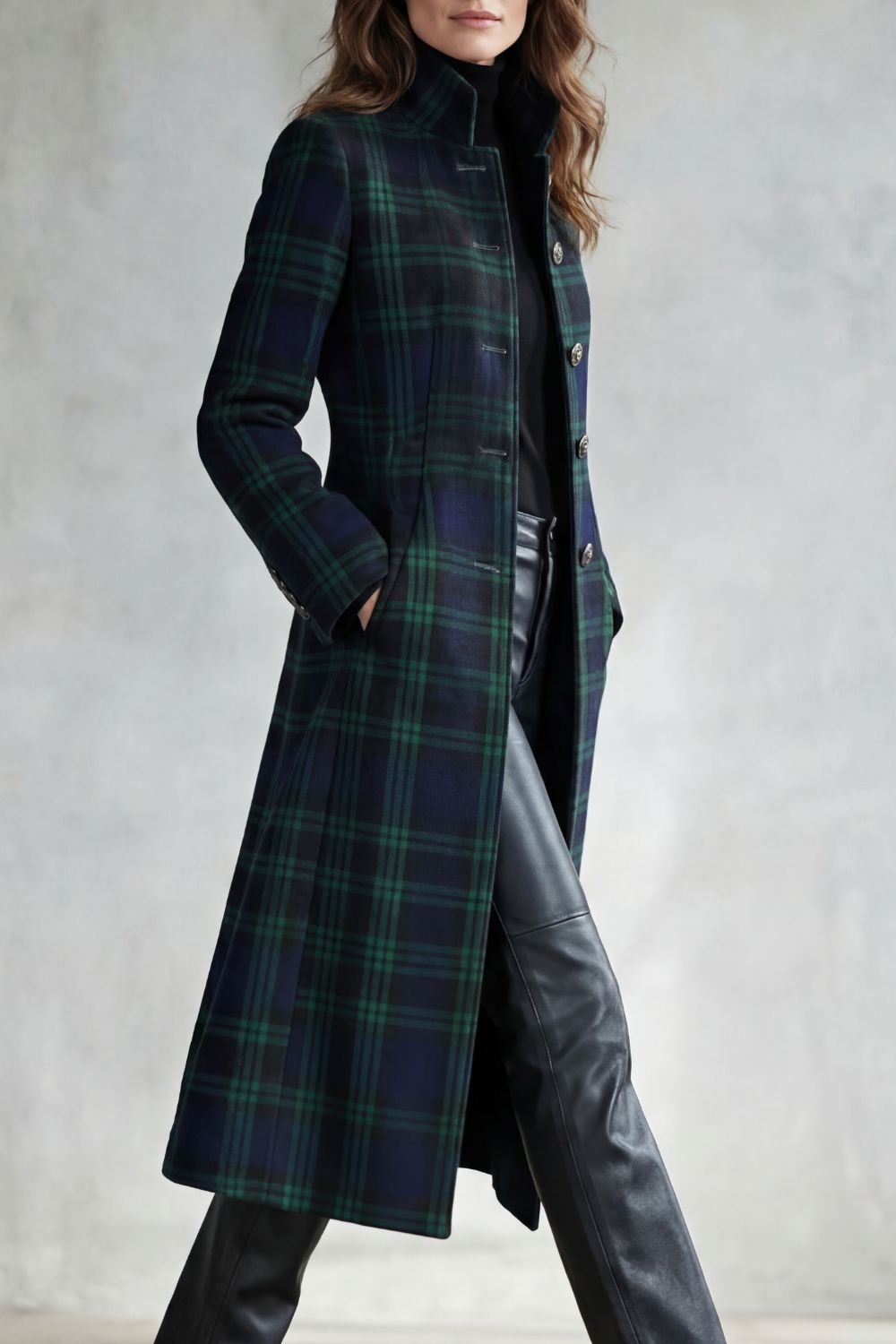 Women's Tartan Stand Collar Overcoat