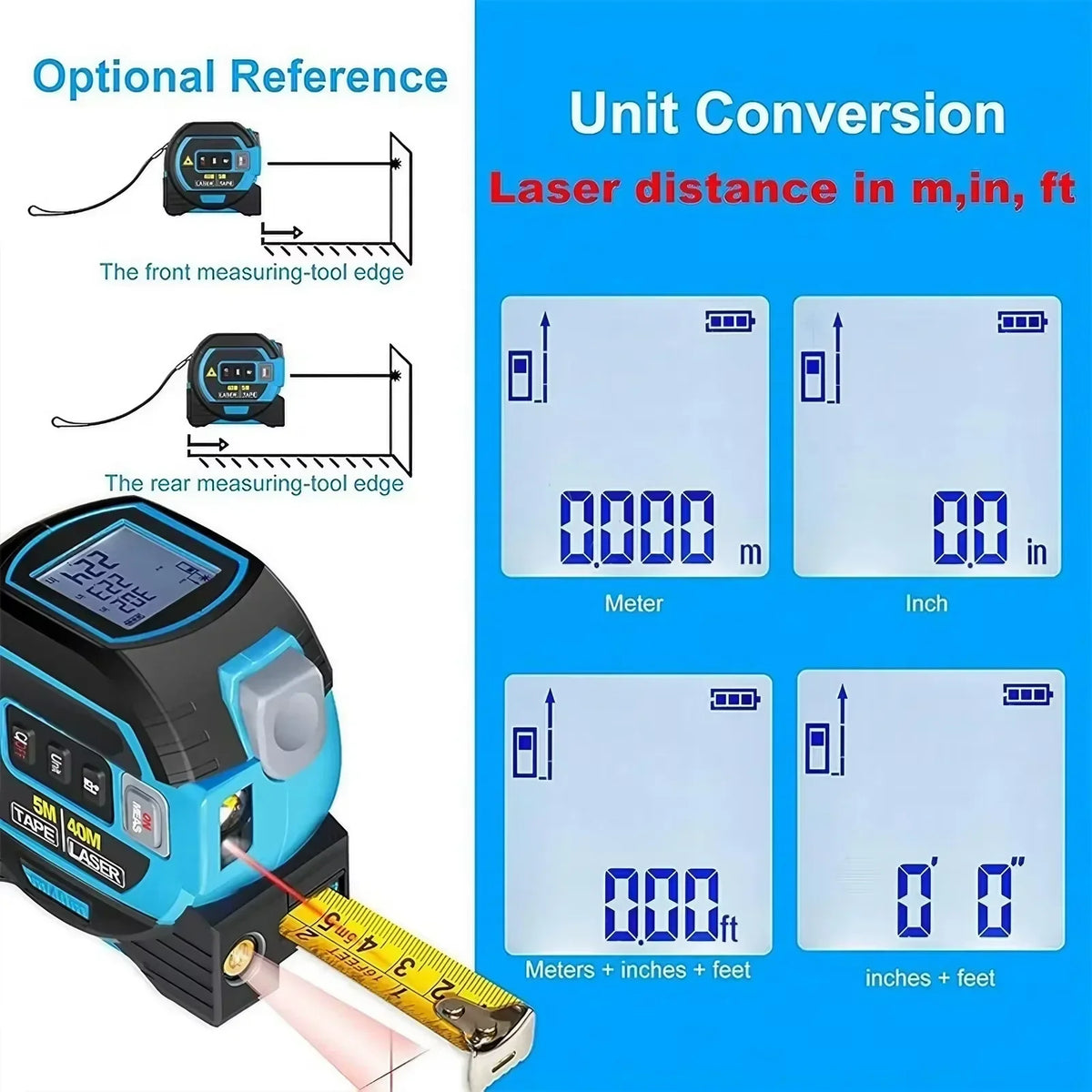 3-In-1 Laser Tape Measure 40/60M Meters Infrared