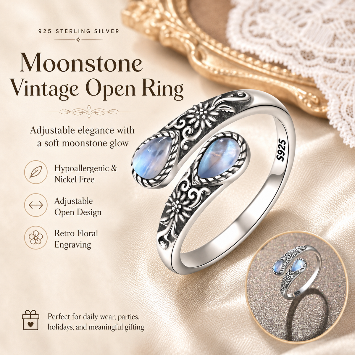 Vintage Floral Moonstone Adjustable Ring
