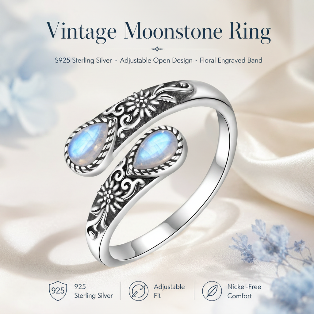 Vintage Floral Moonstone Adjustable Ring