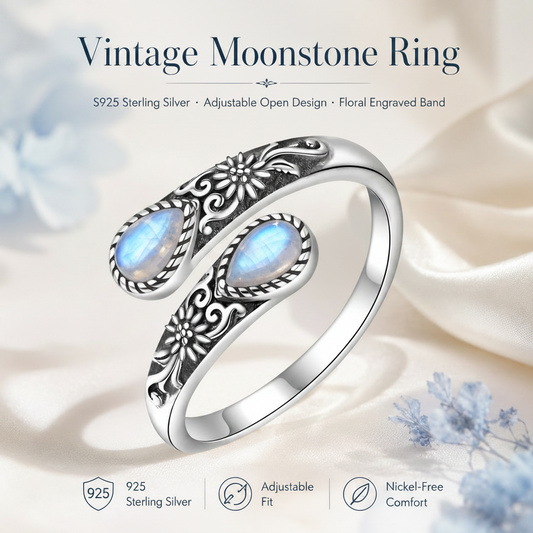 Vintage Floral Moonstone Adjustable Ring
