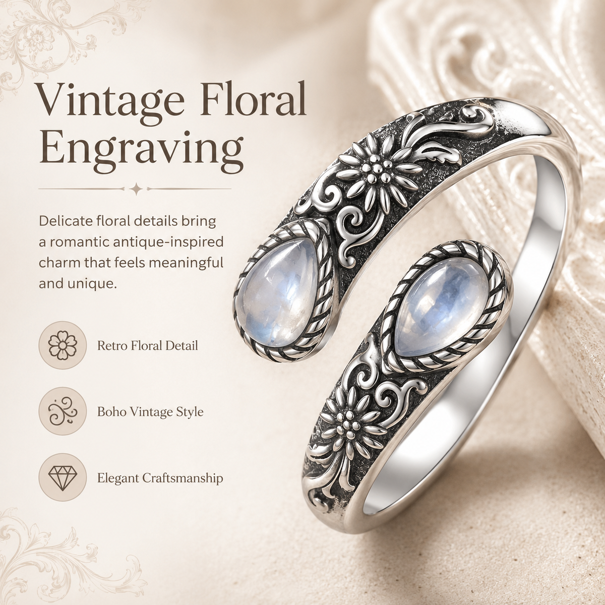Vintage Floral Moonstone Adjustable Ring