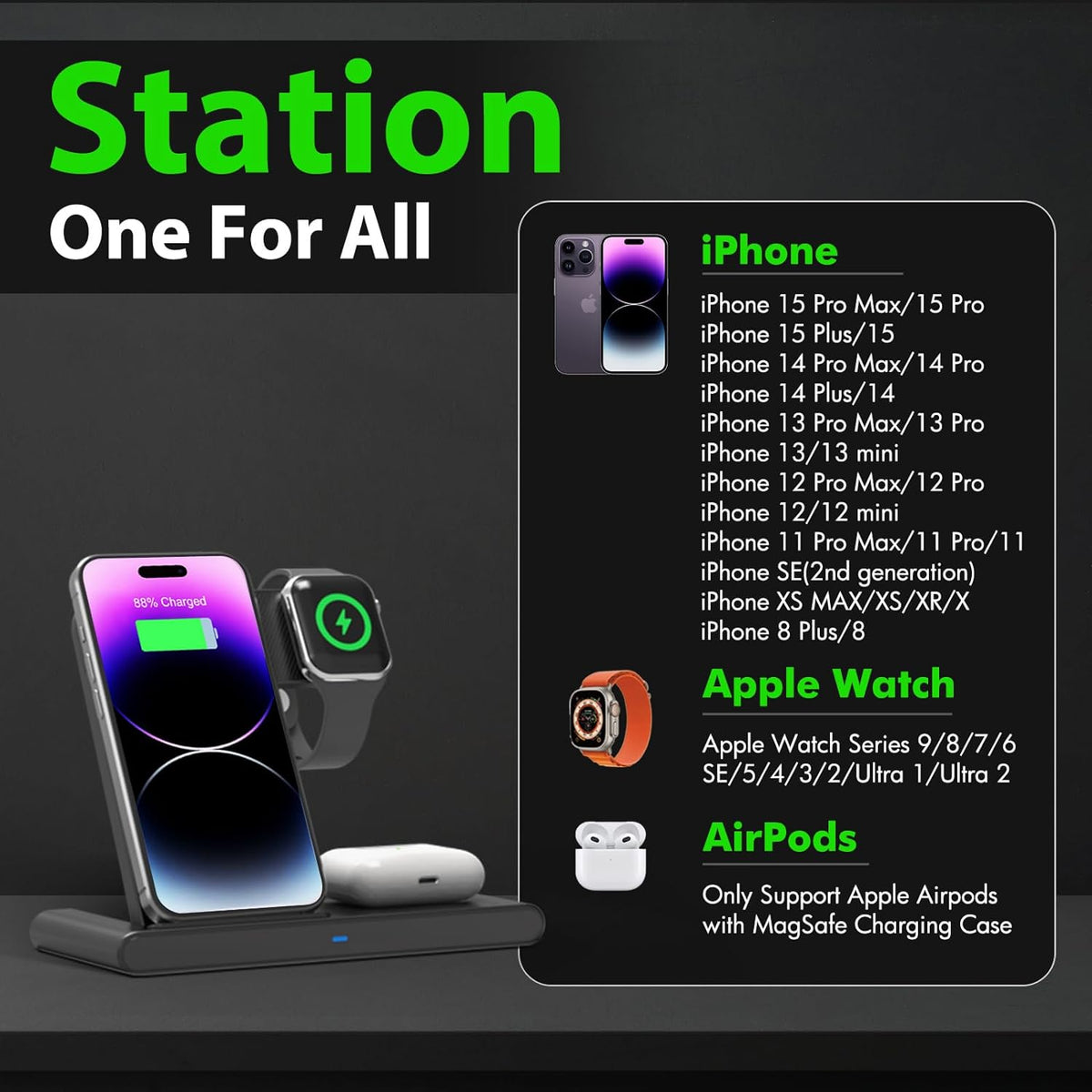 3 IN 1 Wireless Fast Charger Stand For Watch And Airpod
