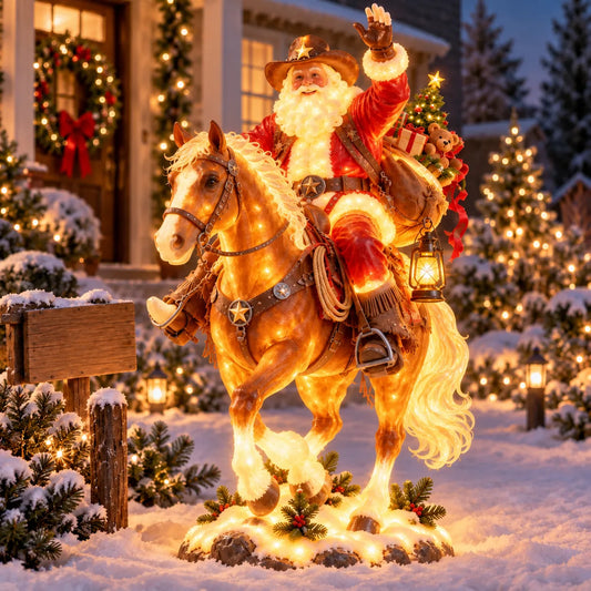 Lighted Cowboy Santa on Horse Christmas Yard Decoration