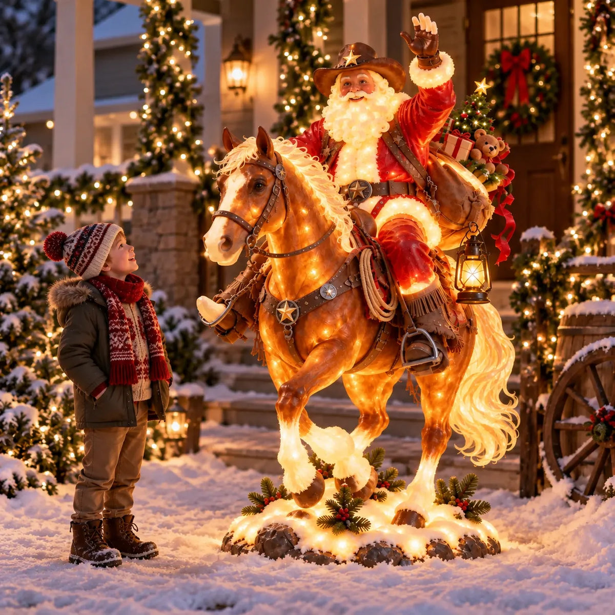 Lighted Cowboy Santa on Horse Christmas Yard Decoration