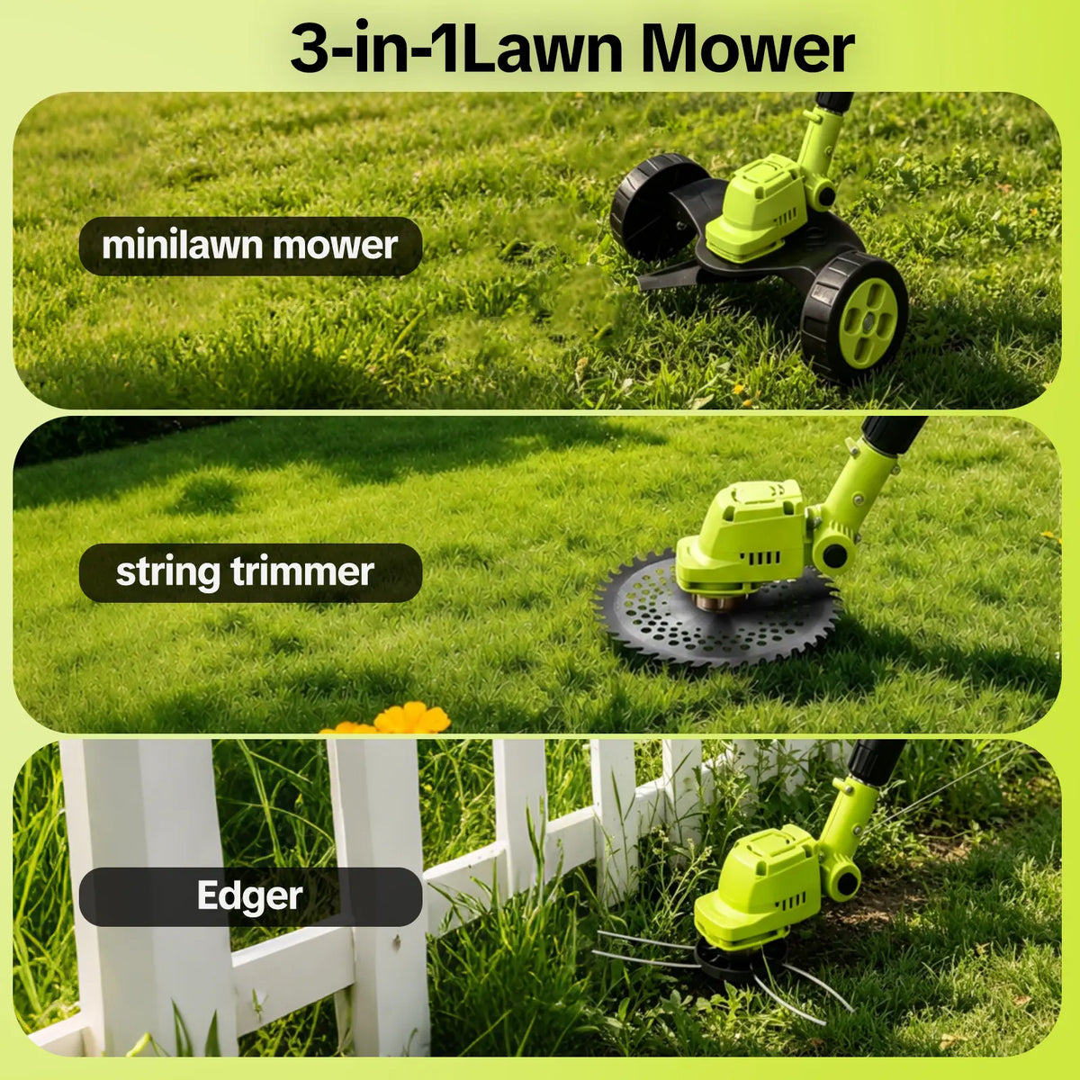 3-in-1 Cordless Lawn Mower & Edger with 2 Batteries