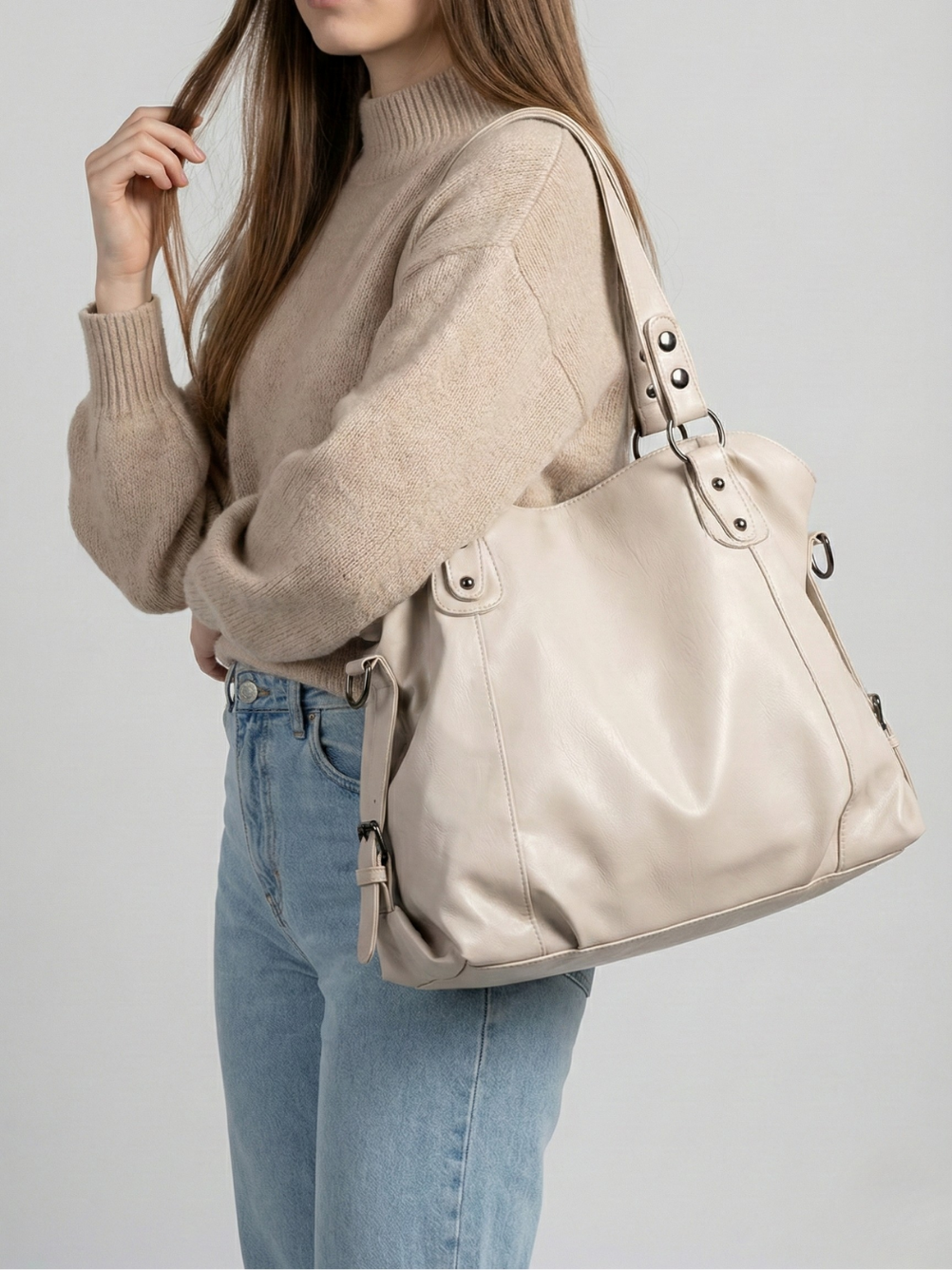 Large beige tote bag for university