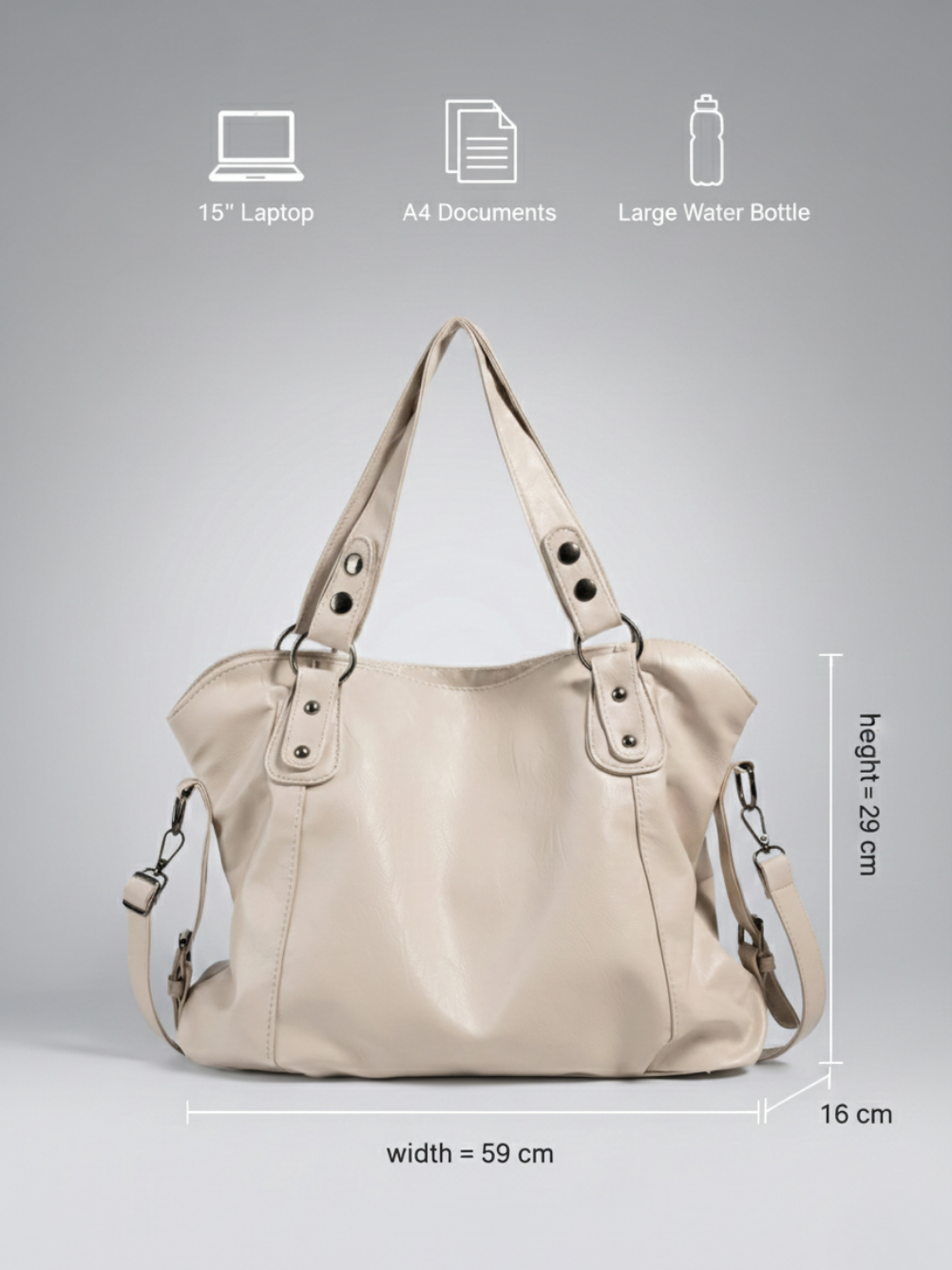 Large beige tote bag for university