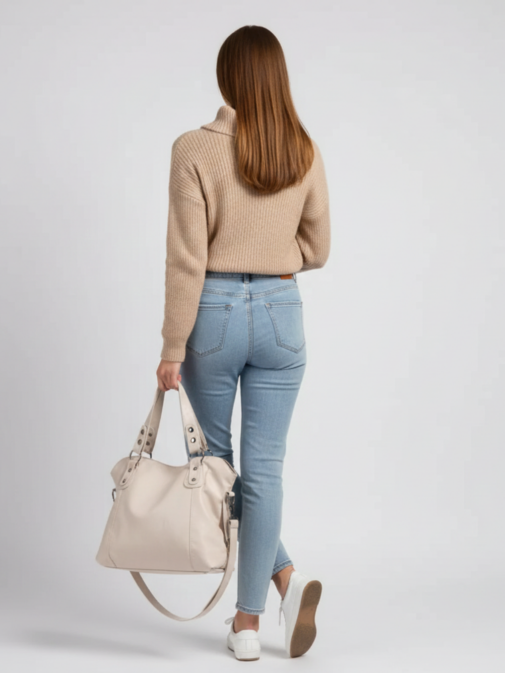 Large beige tote bag for university
