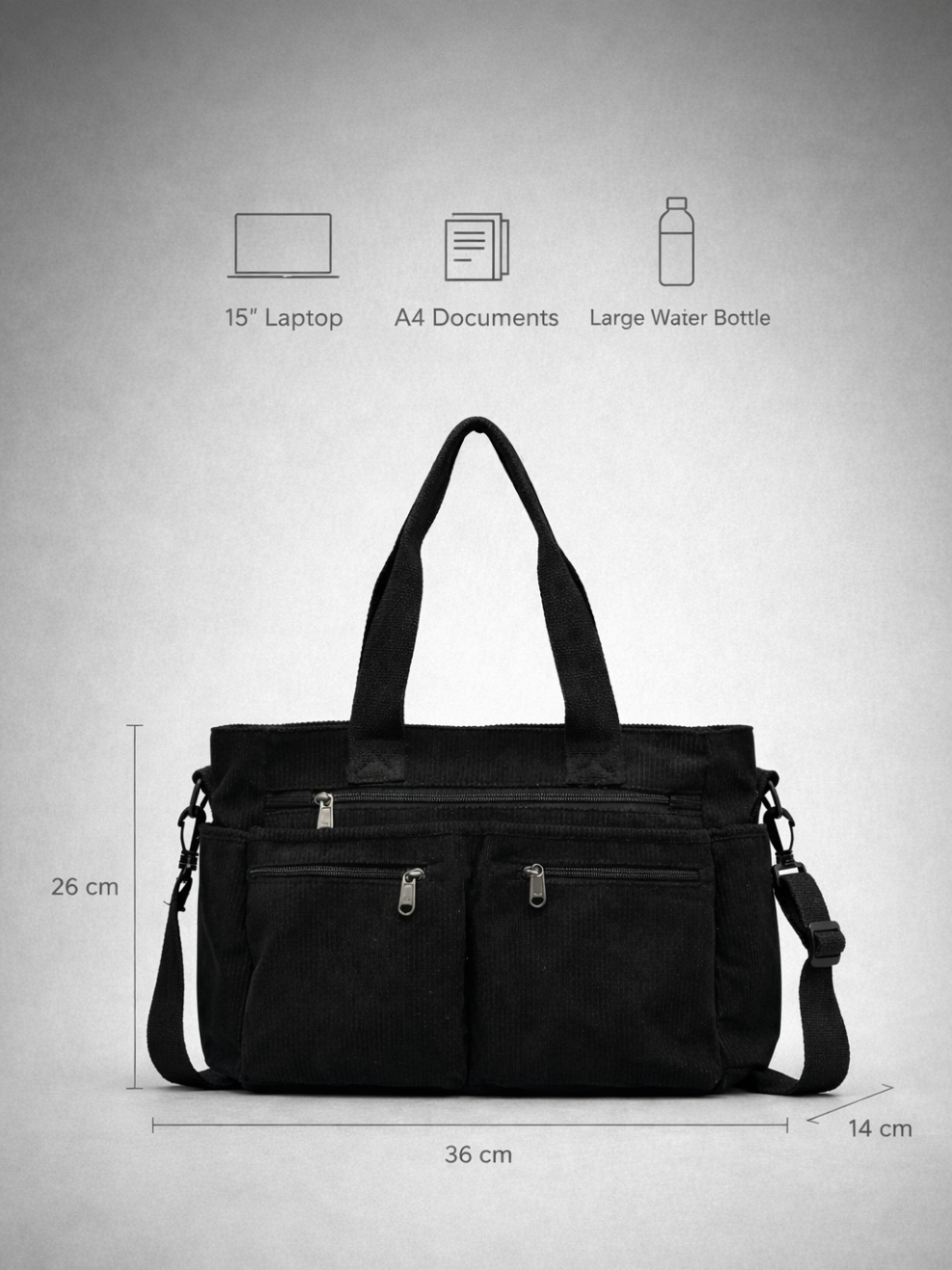Black Corduroy Tote Bag for University