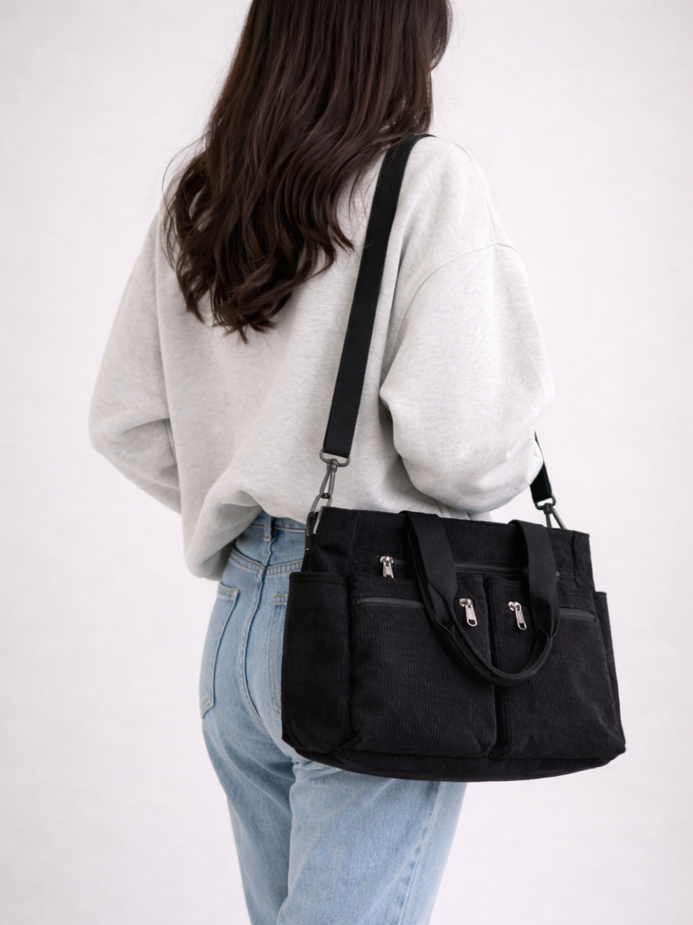 Black Corduroy Tote Bag for University