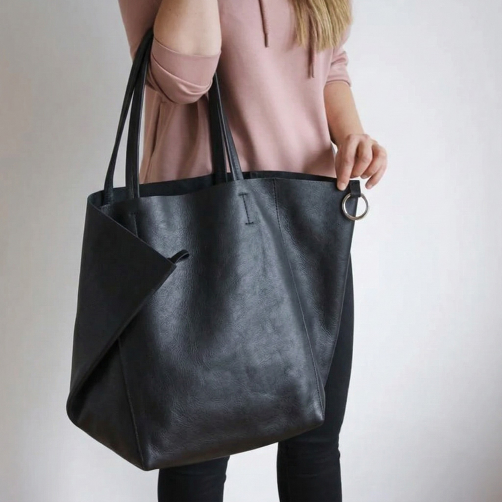 Black Leather Work Tote Bag
