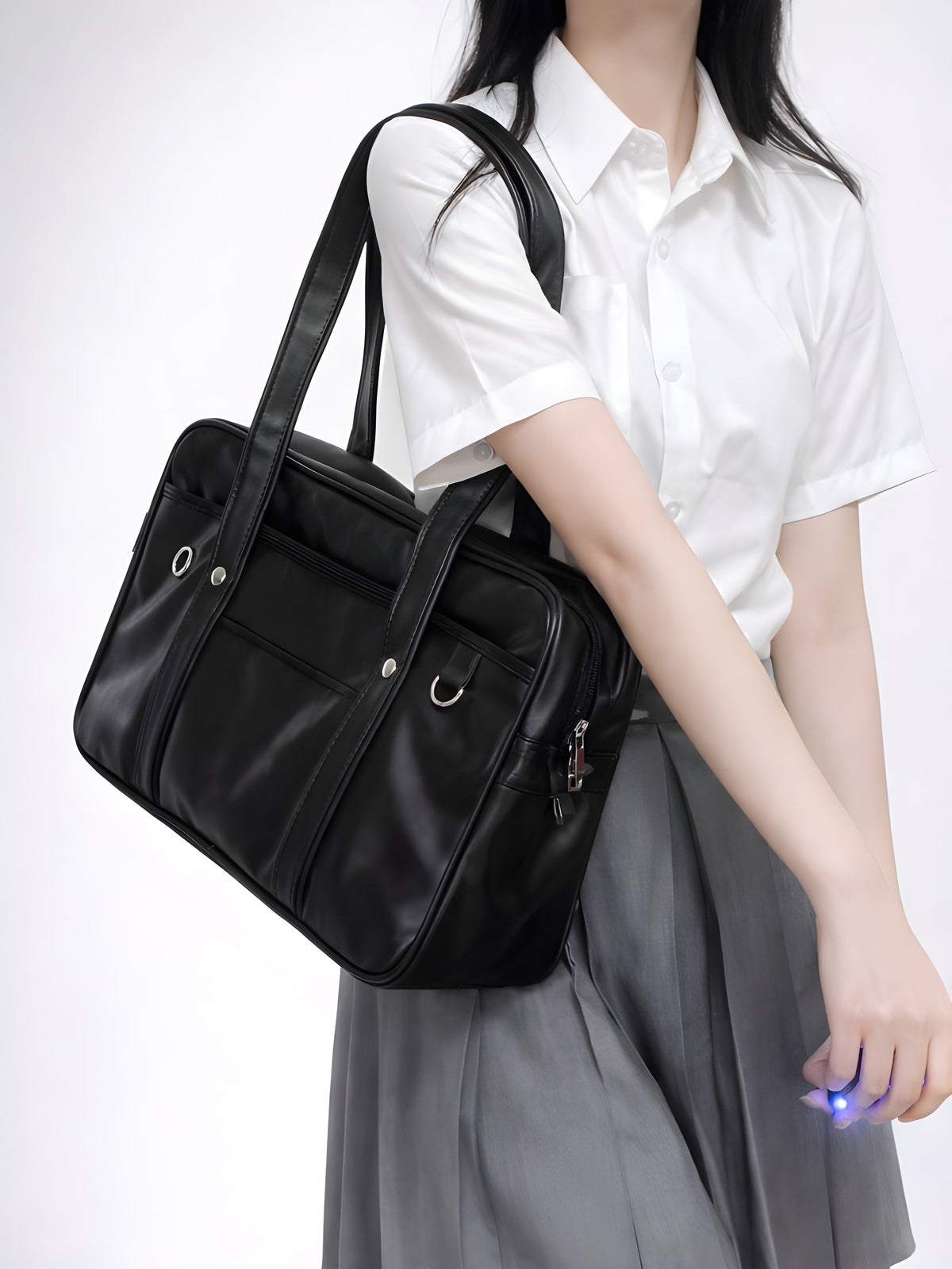 Black handbag for school in smooth vegan leather