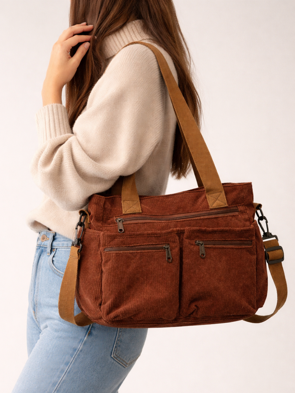 Brown Corduroy Multi-Pocket University Tote Bag – 36×28×14 cm
