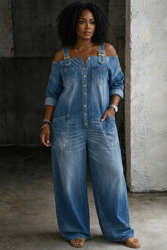 Off-Shoulder Denim Jumpsuit