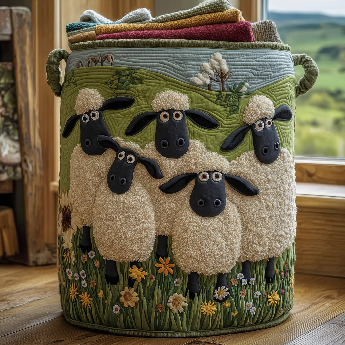Quilted Sheep Print Laundry Basket