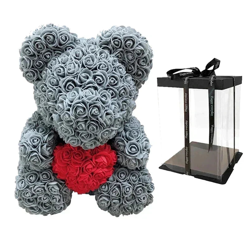 Rose Bear Artificial Flower Teddy Bear - Handmade PE Foam Everlasting Roses Gift for Women - Romantic Anniversary and Valentines Decor - 40cm Red