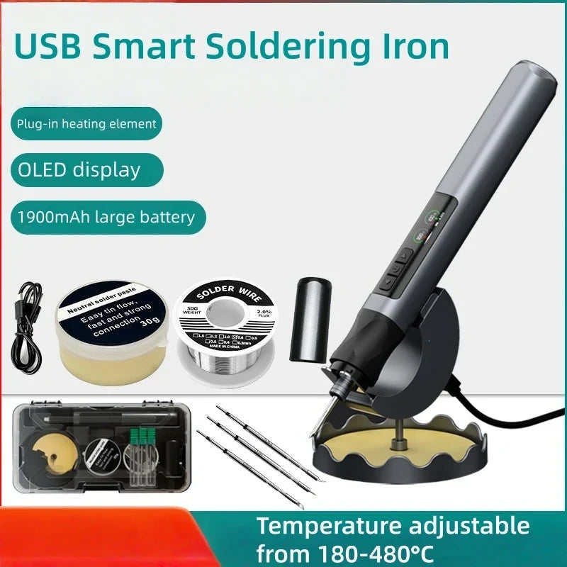 Portable USB Wireless Soldering Iron with OLED Digital Display - 1900mAh Lithium Battery Power Tool Set for Electronics Repair - Temperature Range