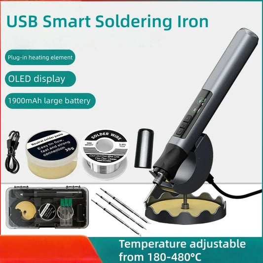 Portable USB Wireless Soldering Iron with OLED Digital Display - 1900mAh Lithium Battery Power Tool Set for Electronics Repair - Temperature Range