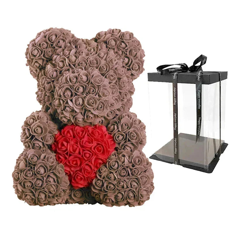 Rose Bear Artificial Flower Teddy Bear - Handmade PE Foam Everlasting Roses Gift for Women - Romantic Anniversary and Valentines Decor - 40cm Red