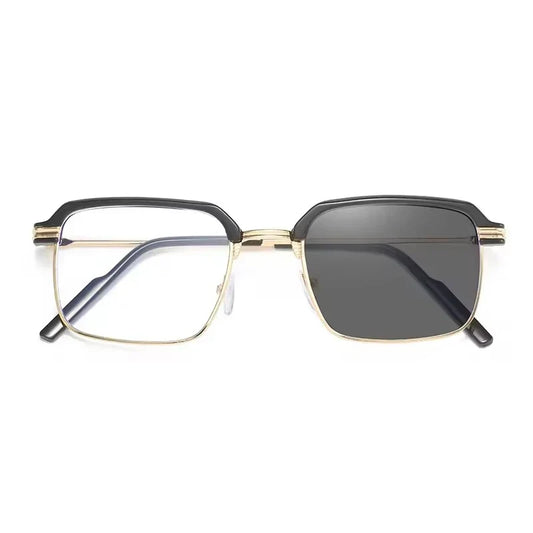 Unisex Anti Blue Light Reading Glasses with Color Changing Photochromic Lenses - Metal Frame Square Eyeglasses for Diamond Face Shapes - Gray