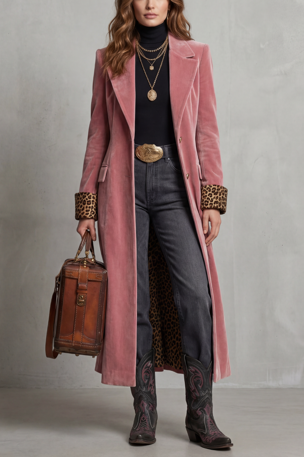 Women's Long Velvet Overcoat with Leopard Lining