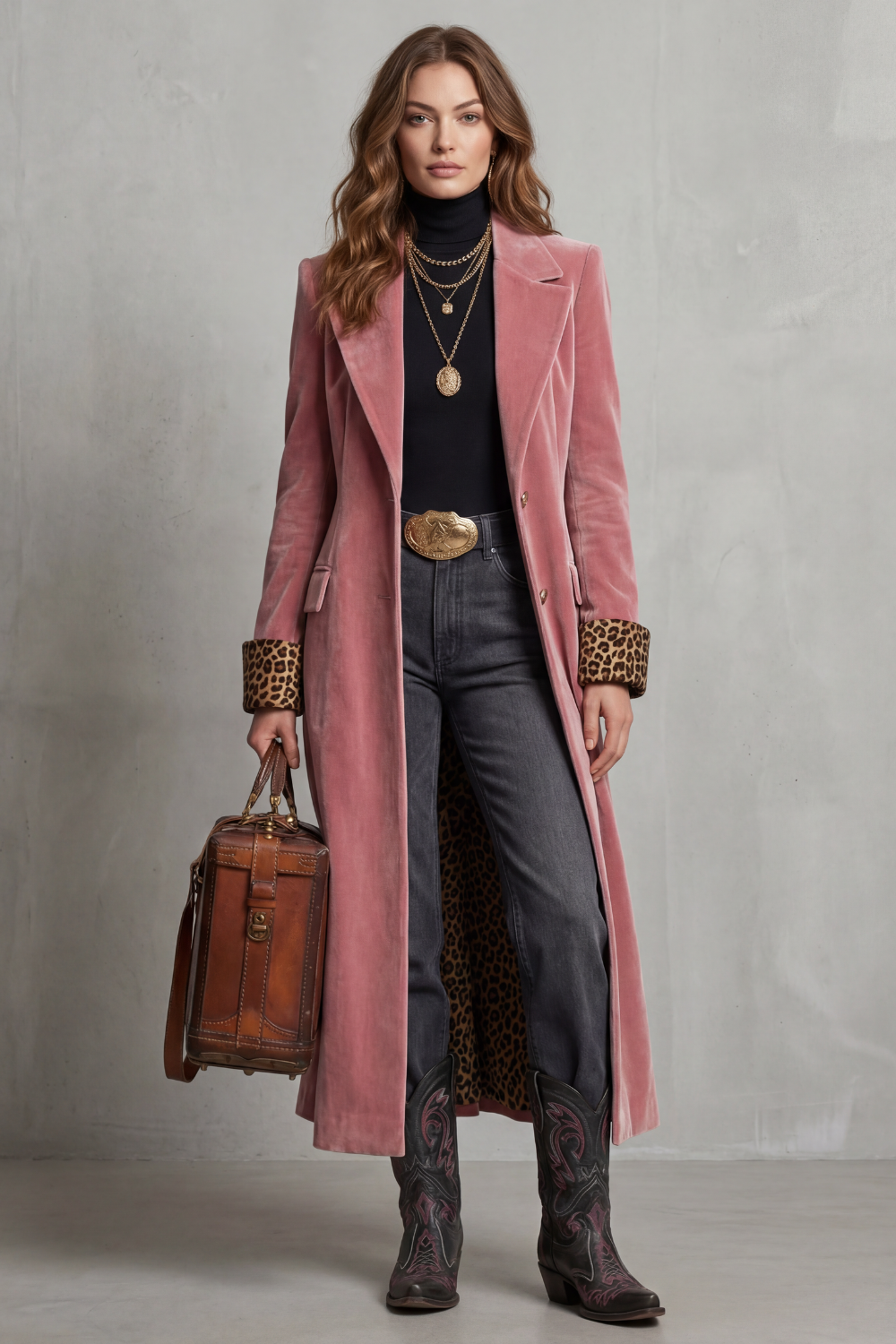 Women's Long Velvet Overcoat with Leopard Lining