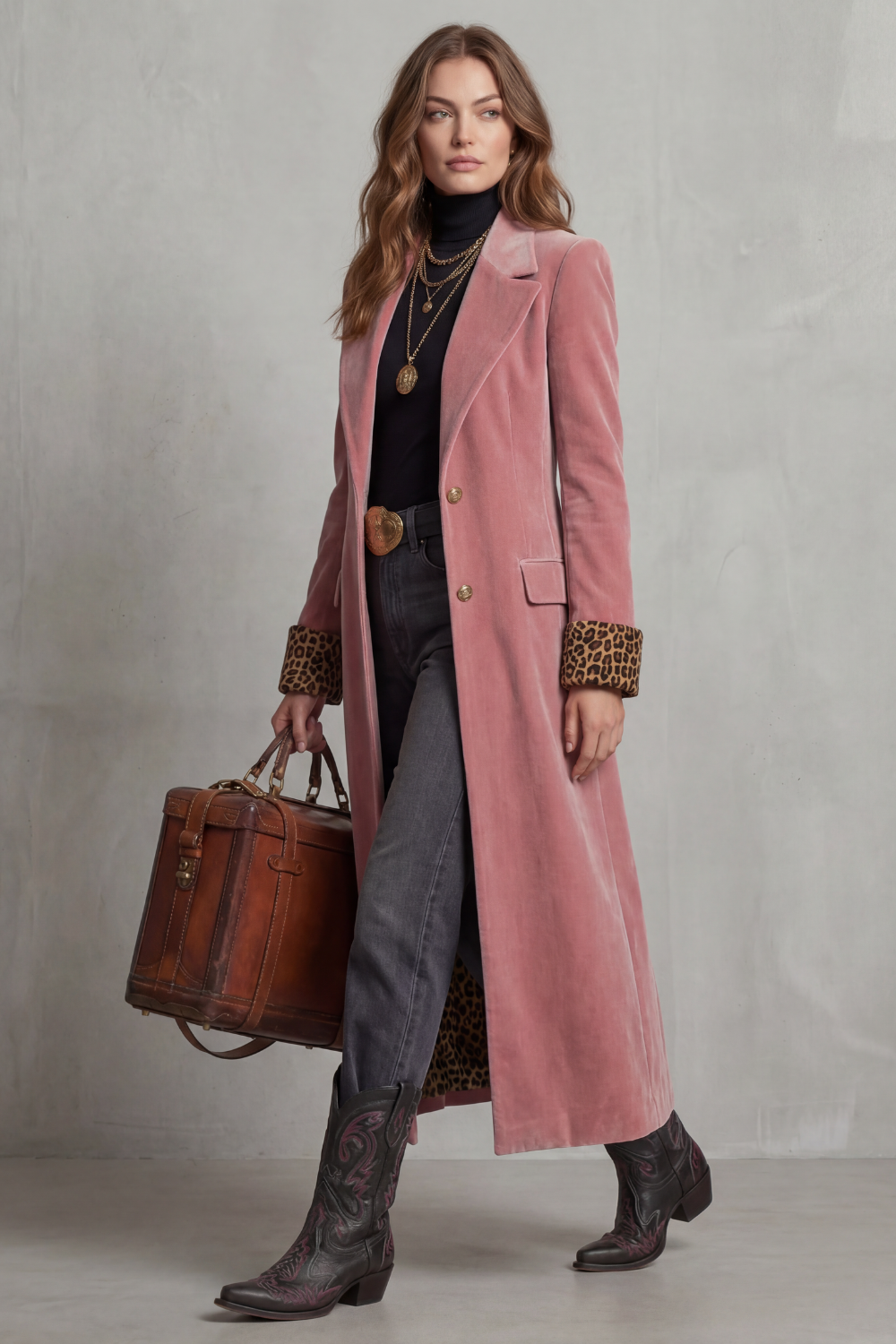 Women's Long Velvet Overcoat with Leopard Lining