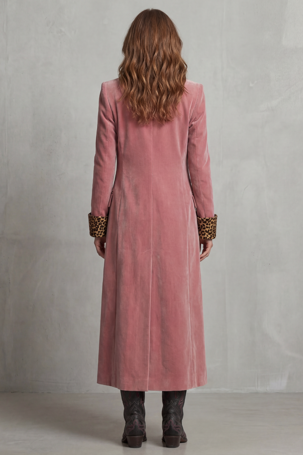 Women's Long Velvet Overcoat with Leopard Lining
