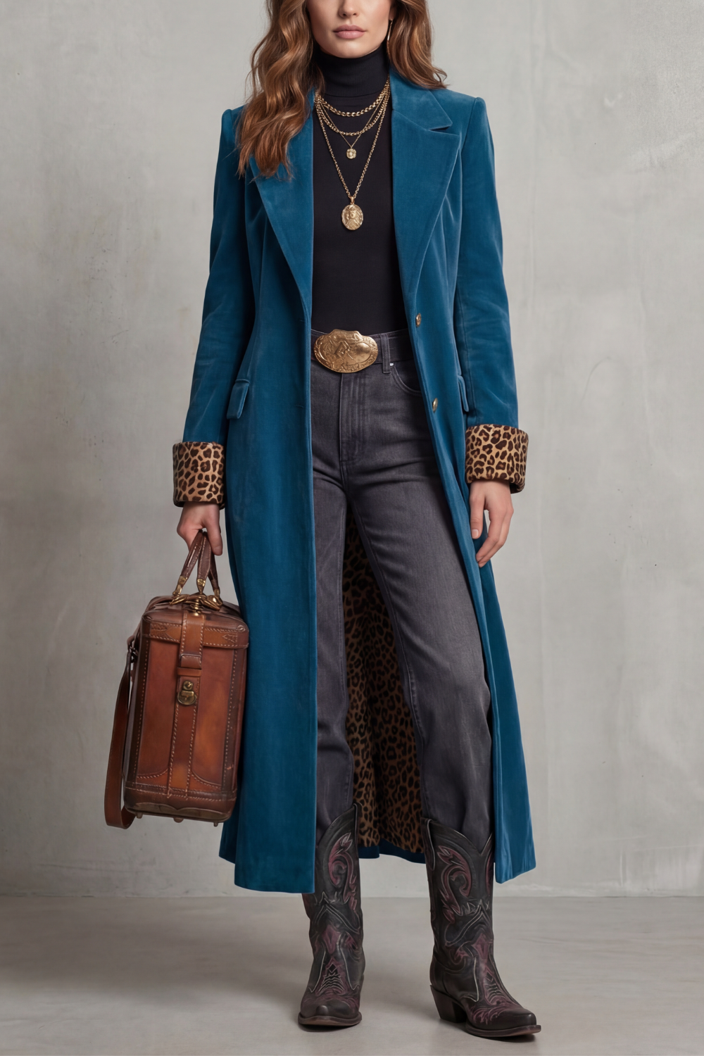 Women's Long Velvet Overcoat with Leopard Lining
